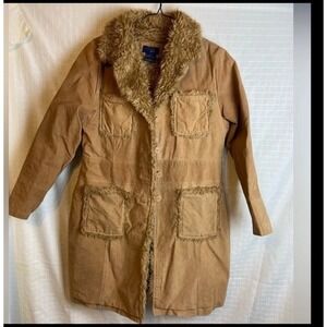 Women's Large Leather tan Fuzzy RAG Jacket Coat Camel Brown Boho